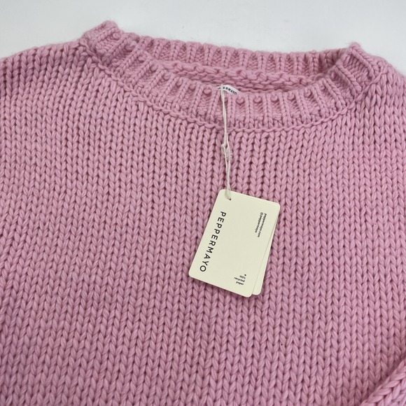 NWT PEPPERMAYO Women's Oversized Sweater M/L Pink Cable Bishop Sleeve - Picture 2 of 13